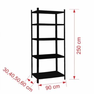Schemat wymiarowy czarnego regału magazynowego z metalowymi półkami o wysokości 250 cm i szerokości 90 cm