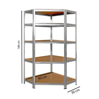 Lekki metalowy regał magazynowy narożny z pięcioma półkami z wymiarami 180 cm wysokości, 90 cm szerokości i 30 cm głębokości