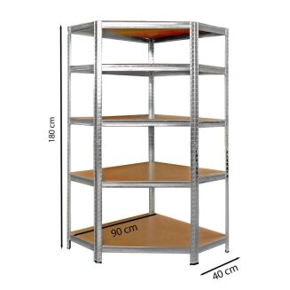 Lekki metalowy regał magazynowy narożny z pięcioma półkami z wymiarami 180 cm wysokości, 90 cm szerokości i 40 cm głębokości