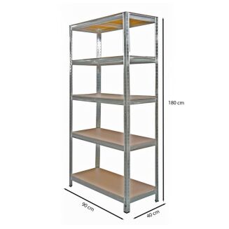 Lekki regał magazynowy metalowy z pięcioma półkami i oznaczeniem wymiarów 180x90x40 cm