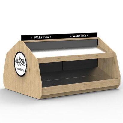 Wyspa sklepowa owocowo - warzywna dwumodułowa z blachą nierdzewną