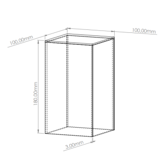 Rysunek techniczny akrylowego pojemnika z plexi o wymiarach podstawy 100 × 100 mm, wysokości 180 mm i grubości ścianki 3 mm.