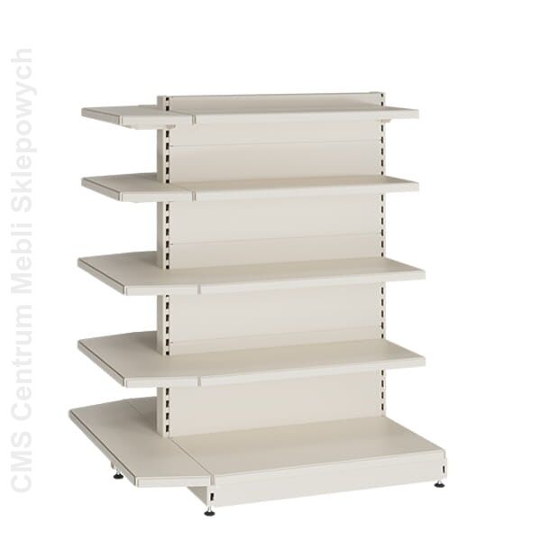 Kremowa metalowa gondola sklepowa z bocznymi półkami ekspozycyjnymi. Wolnostojący regał dwustronny z 15 poziomami półek do prezentacji produktów. Wyposażony w regulowane stopki poziomujące.