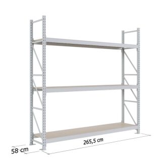 Szary regał magazynowy wzmocniony z trzema półkami z podanymi wymiarami 265,5 cm szerokości i 58 cm głębokości