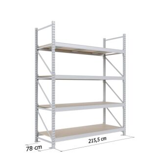 Szary regał magazynowy wzmocniony z czterema półkami z podanymi wymiarami 215,5 cm szerokości i 78 cm głębokości