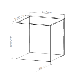 Rysunek techniczny kwadratowego pojemnika kubik z plexi o wymiarach 150x150x150 mm i grubości ścianki 3 mm.