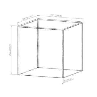 Rysunek techniczny kwadratowego pojemnika kubik z plexi o wymiarach 200x200x200 mm i grubości ścianki 4 mm.