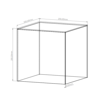 Rysunek techniczny kwadratowego pojemnika kubik z plexi o wymiarach 250x250x250 mm i grubości 4 mm