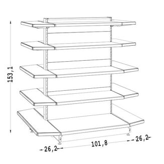Rysunek techniczny gondoli sklepowej z zakończeniem trapezowym obustronnym Diversa o wysokości 153,1 cm, szerokości modułu 101,8 cm i zakończeniach 26,2 cm z 5 poziomami półek.