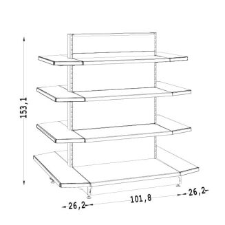 Rysunek techniczny gondoli sklepowej z zakończeniem trapezowym obustronnym Diversa na 4 poziomach półek o wysokości 153,1 cm, szerokości modułu 101,8 cm i zakończeniach 26,2 cm.