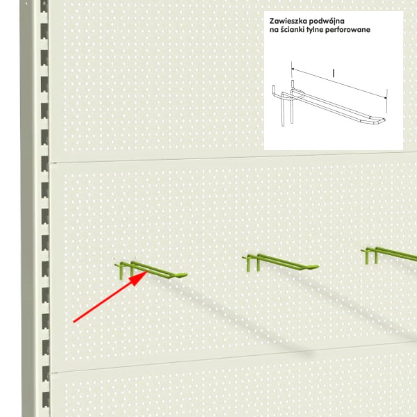 Zawieszka sklepowa podwójna na ściance perforowanej regału sklepowego metalowego - ocynkowana
